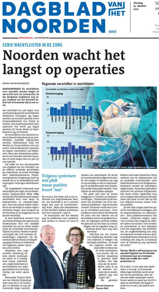Voorpagina Dagblad van het Noorden over de lange wachtlijsten in Noord-Nederland. 