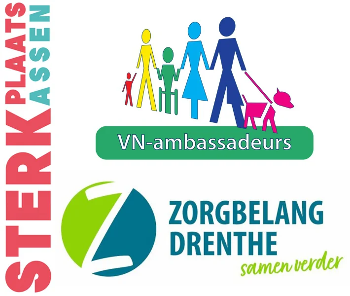 Logo's Zorgbelang Drenthe, Sterkplaats Assen, VN Ambassadeurs